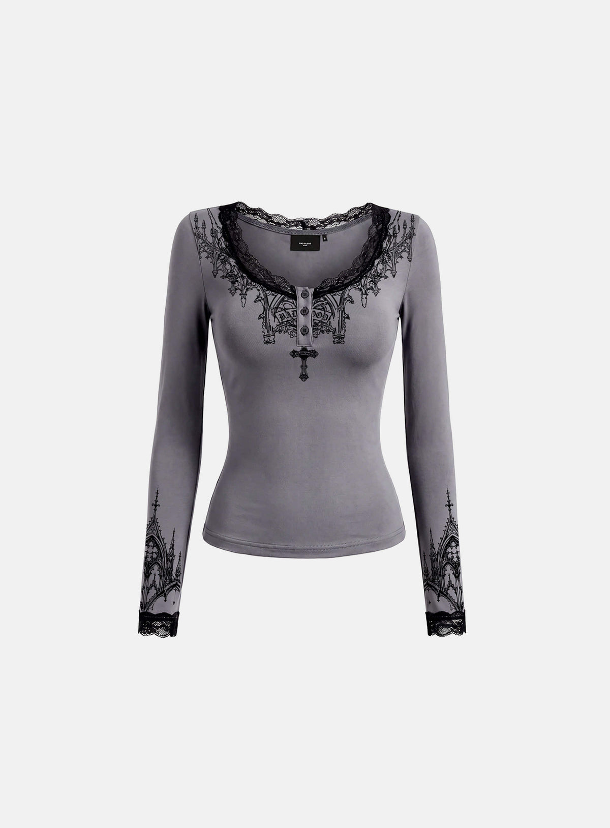 [w-tee26-289] H.B.B. Lace Henley Neck Long Sleeve - Charcoal