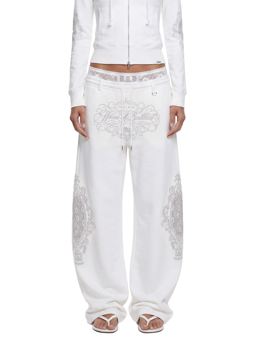 [w-pts26-128] HBB Royal Lace Rhinestone Lightweight Jogger Pants - White
