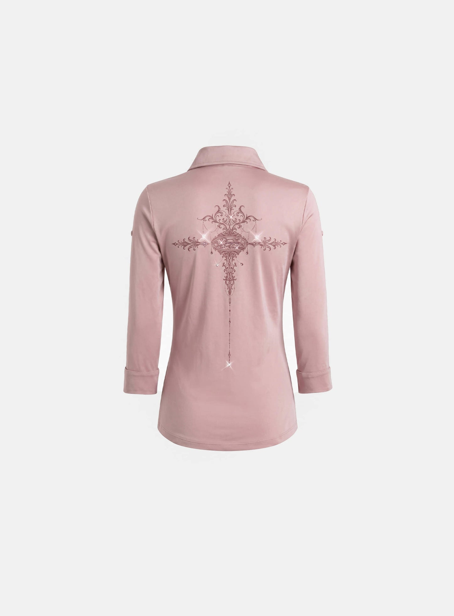 [w-tee26-211] Rhinestone Ornament 3/4 Sleeve Polo - Pink
