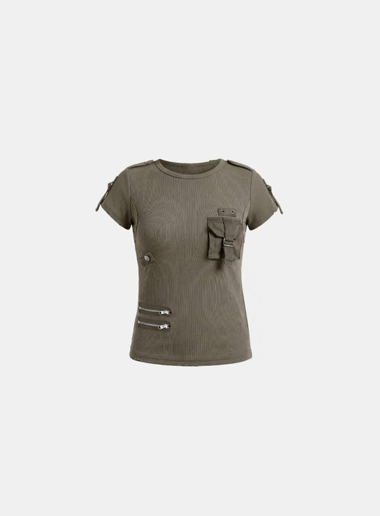 [w-tee26-179] Delta Utility Cotton Rib Crew Neck T-shirt - Military Green