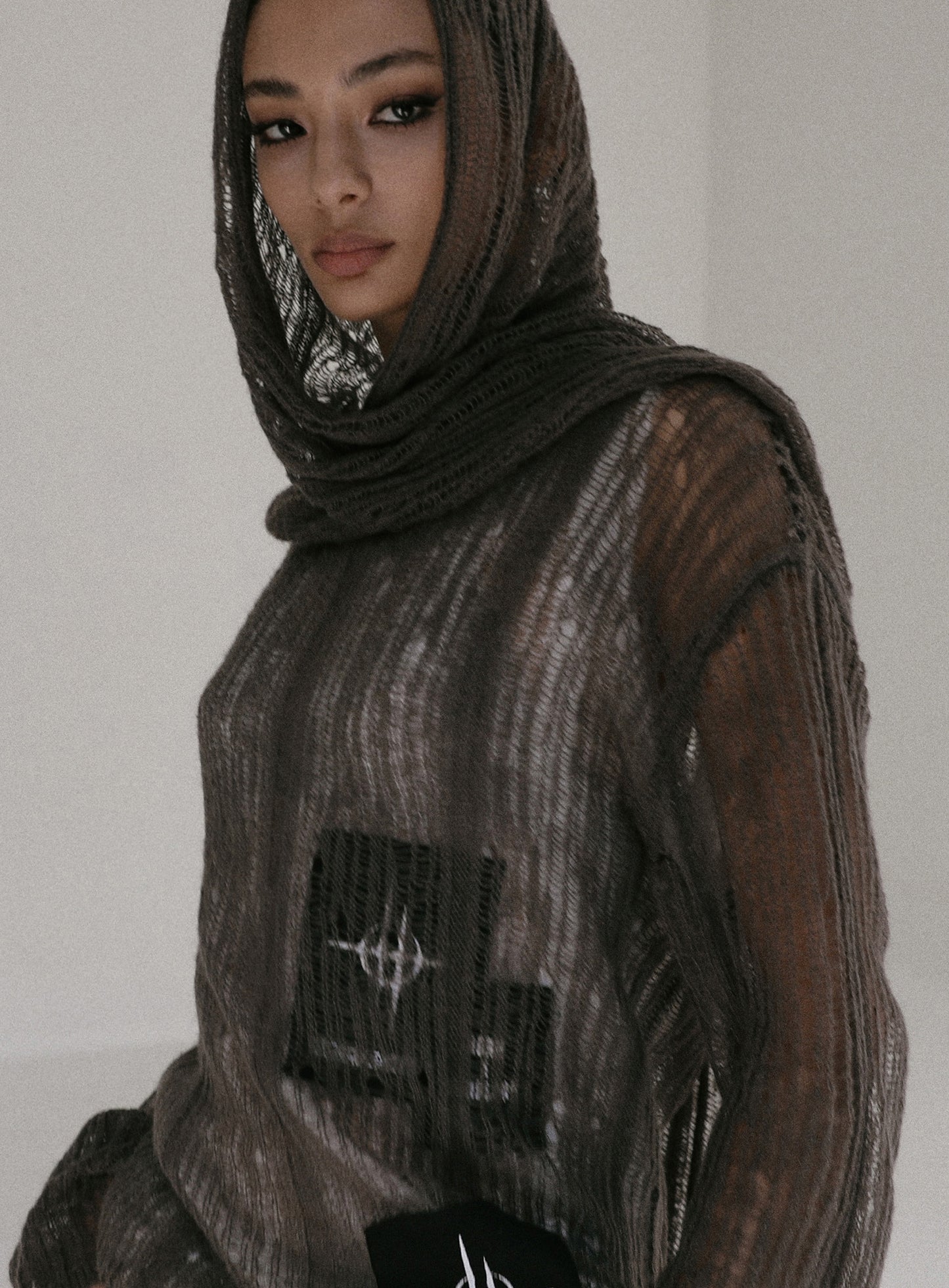 Ripped Knit Hooded Sweater - Khaki