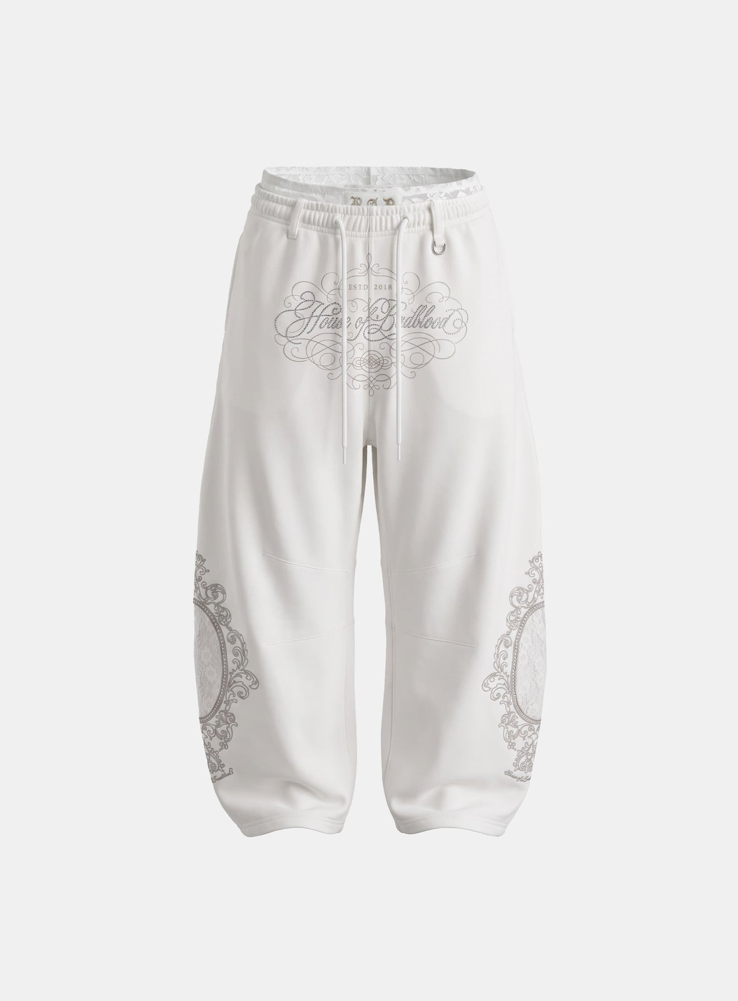 [w-pts26-128] HBB Royal Lace Rhinestone Lightweight Jogger Pants - White