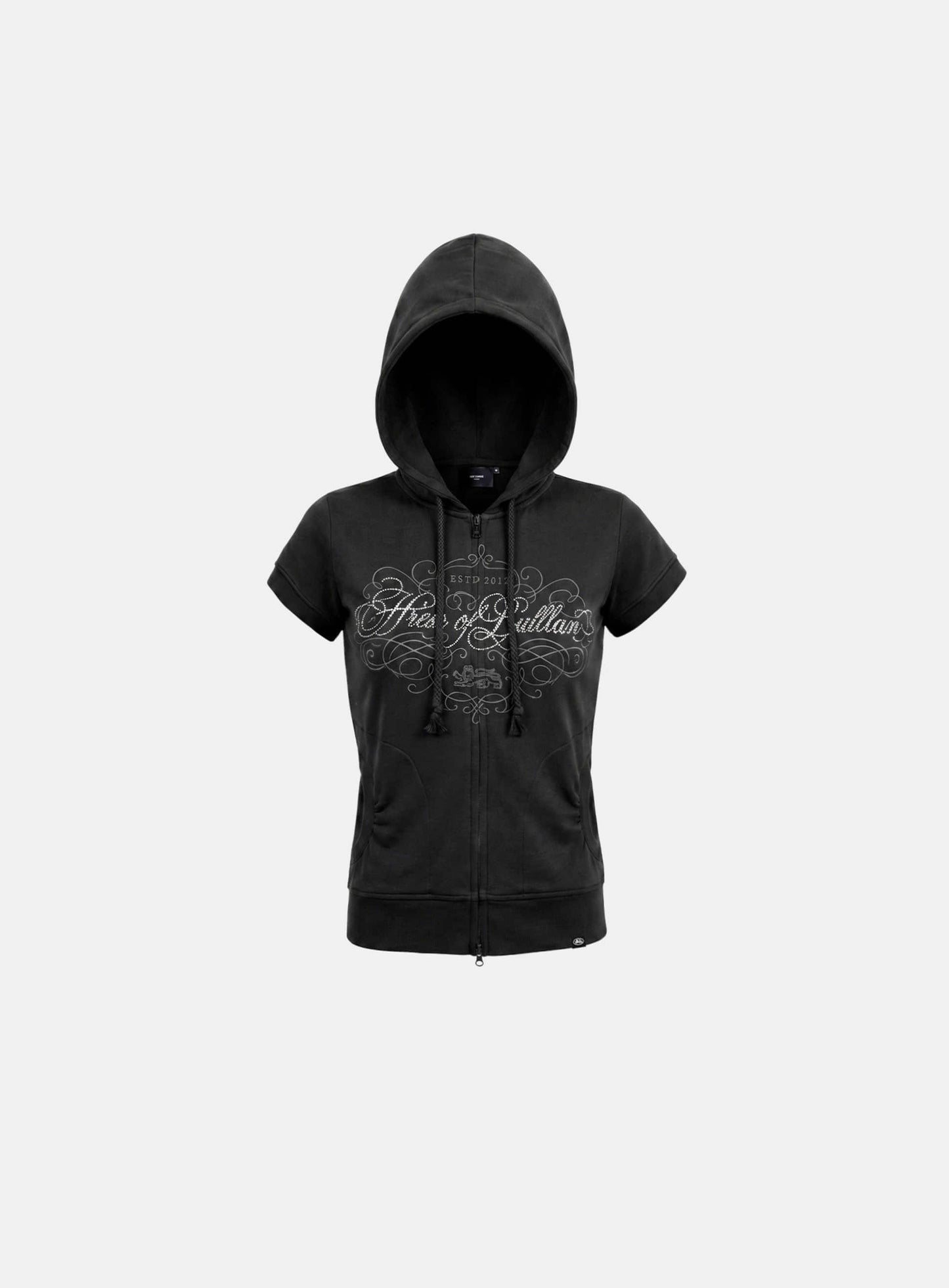[w-hde26-051] H.B.B. Rhinestone 1/2 Sleeve Hooded Zip-Up - Black