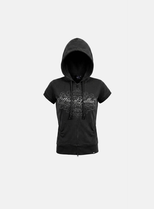[w-hde26-051] H.B.B. Rhinestone 1/2 Sleeve Hooded Zip-Up - Black