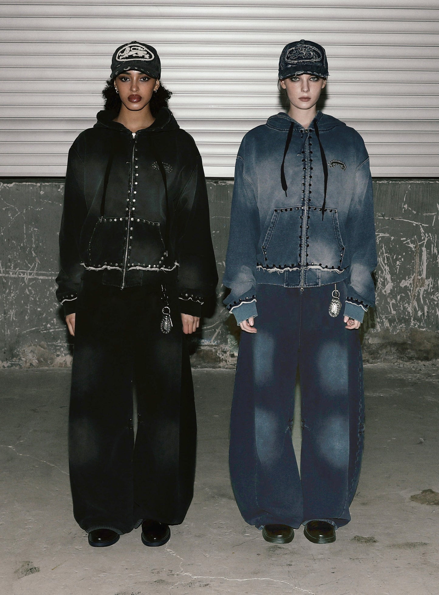 [w-hde25-084] Mystic Studded Washed Hooded Zip-Up - Black