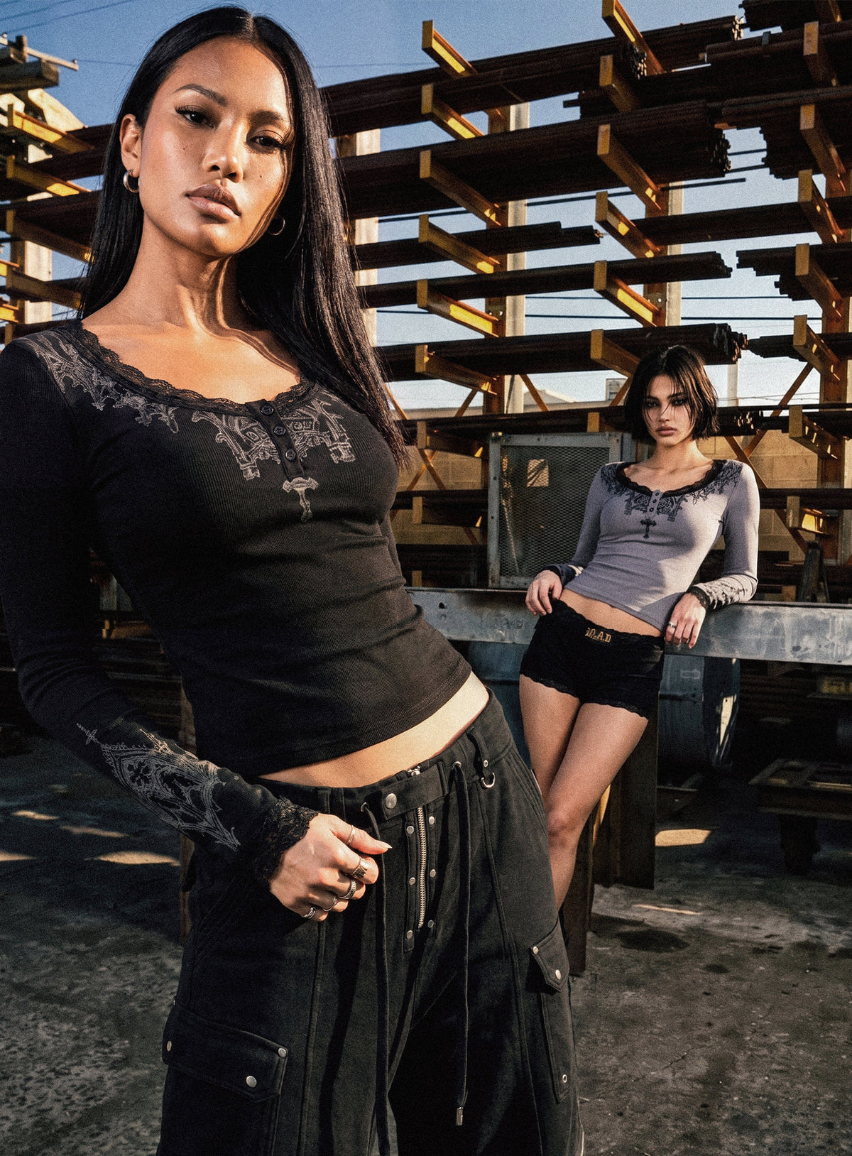 [w-tee26-290] H.B.B. Lace Henley Neck Long Sleeve - Black