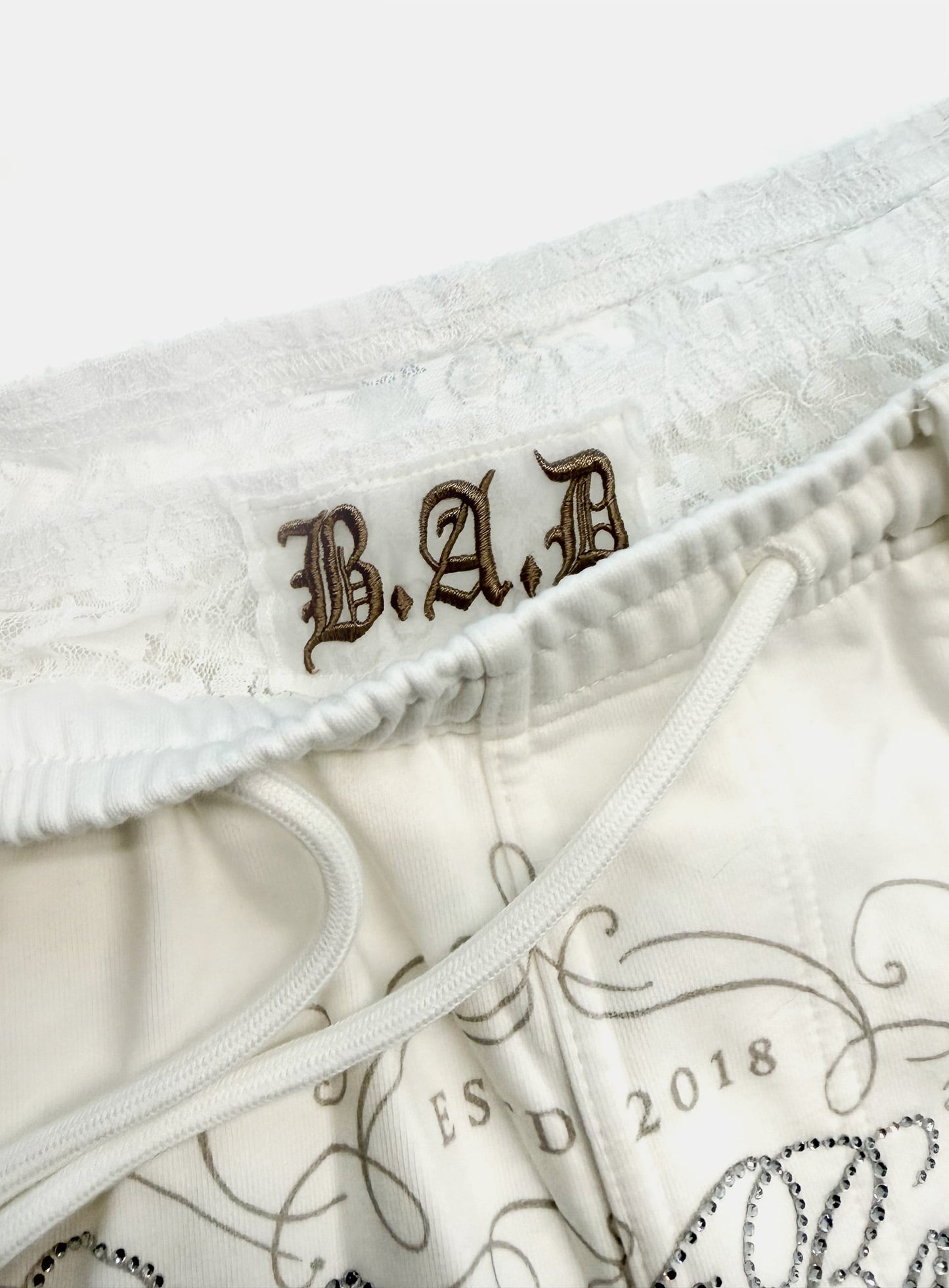 [w-pts26-128] HBB Royal Lace Rhinestone Lightweight Jogger Pants - White