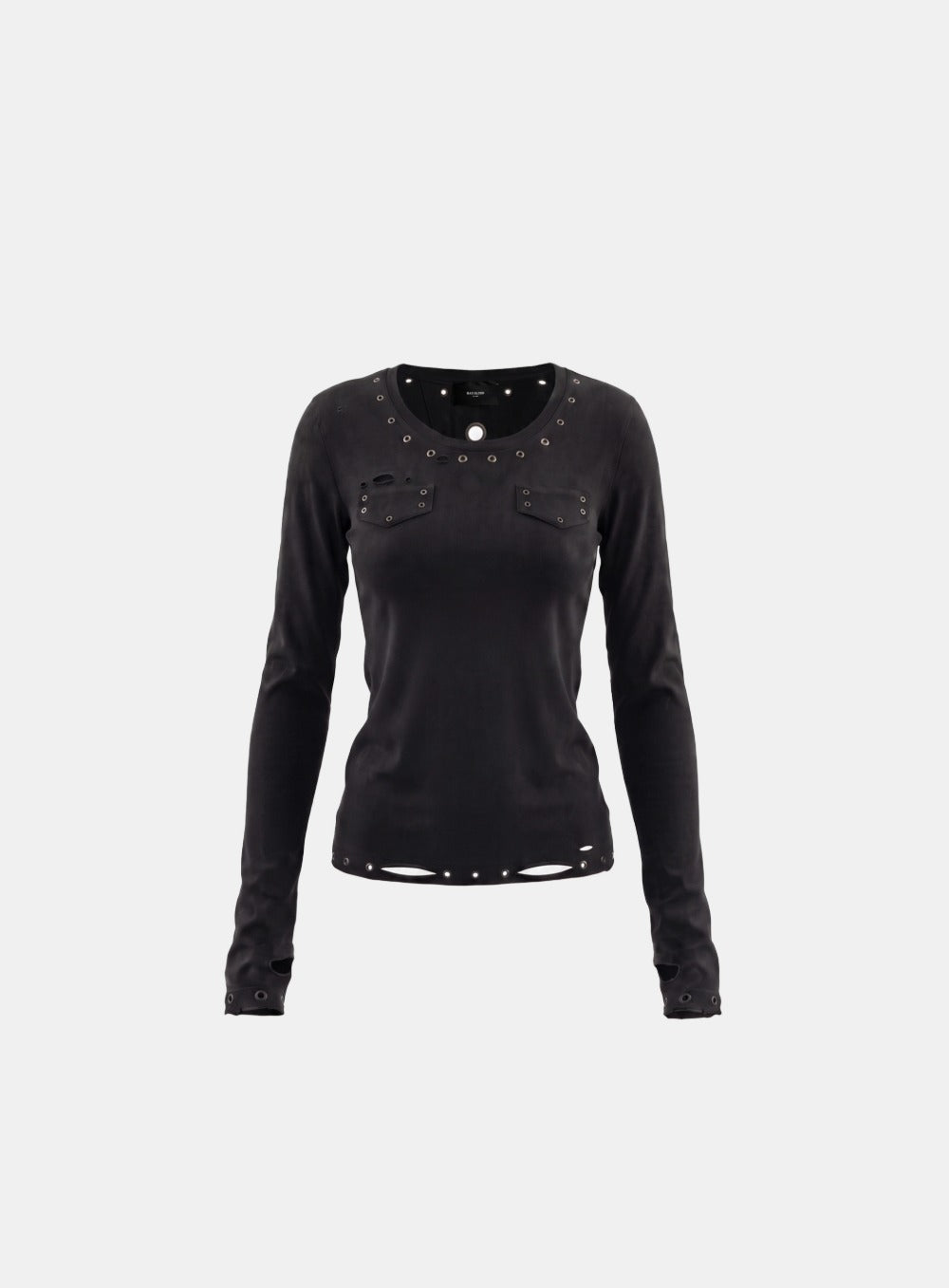 [w-tee26-268] Raven Distressed Eyelet Deep Round Long Sleeve - Black