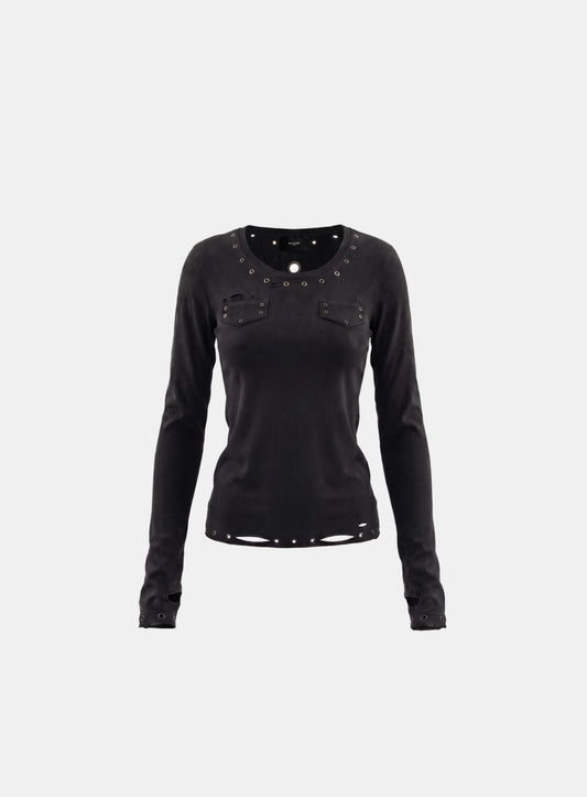 [w-tee26-268] Raven Distressed Eyelet Deep Round Long Sleeve - Black