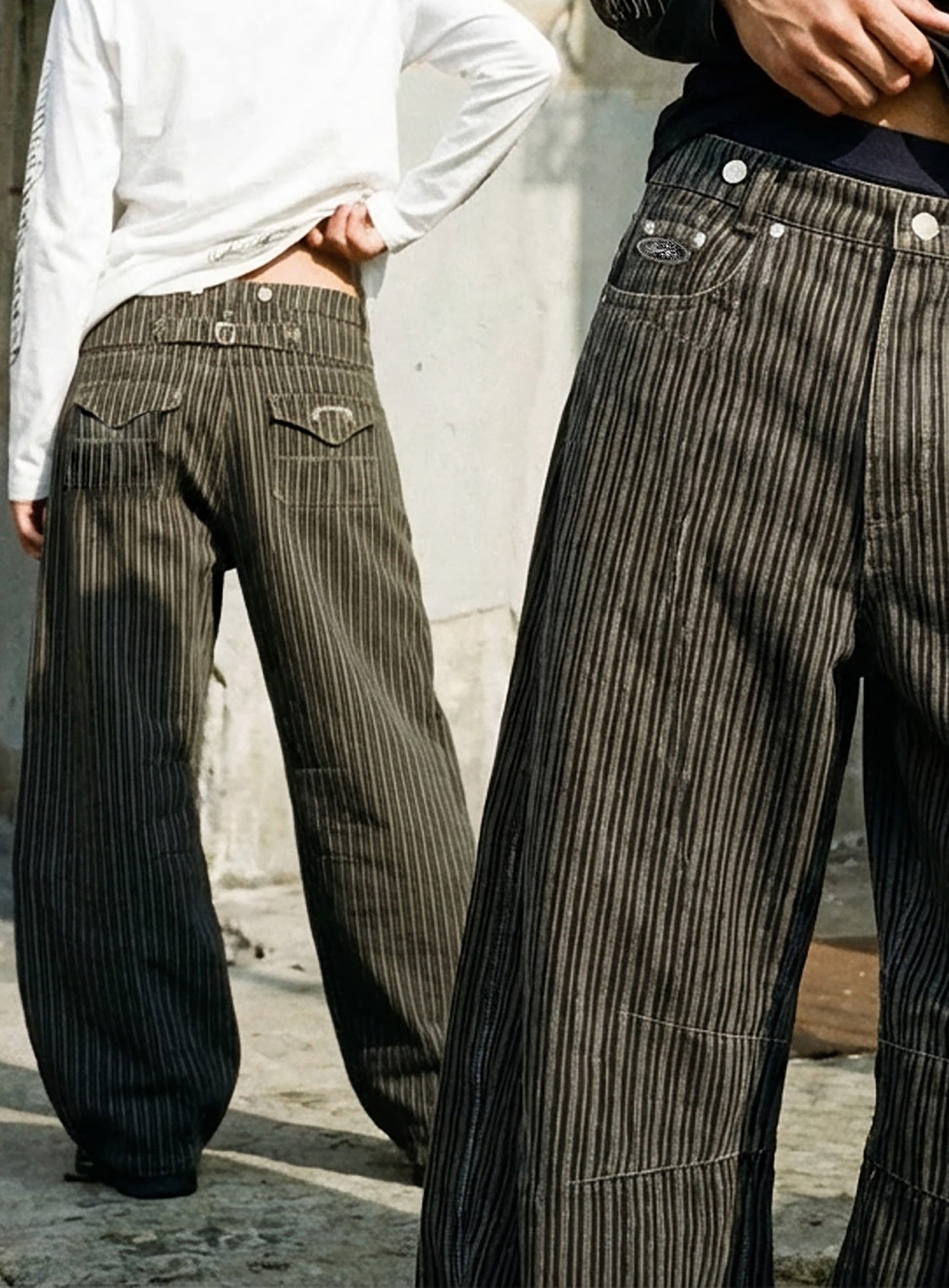 [w-pts25-126] 0509 Shinchiback Semi-Curved Pants - Brown/Striped