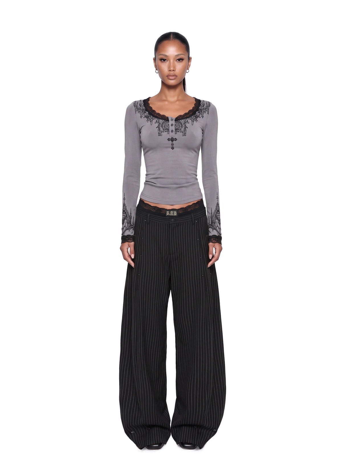 [w-tee26-289] H.B.B. Lace Henley Neck Long Sleeve - Charcoal