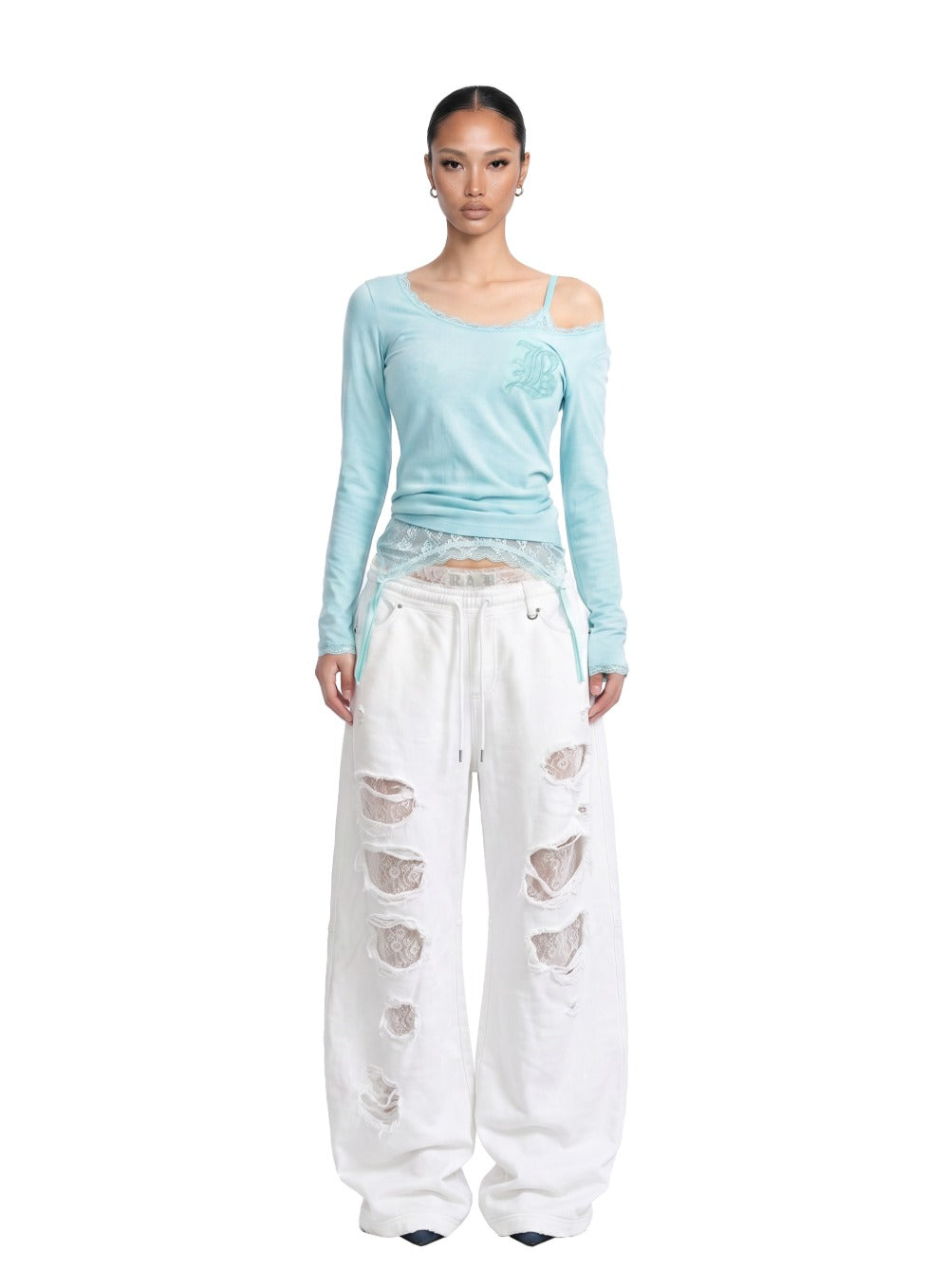 [w-tee26-192] Lace Layered Loose Fit Long Sleeve - Mint