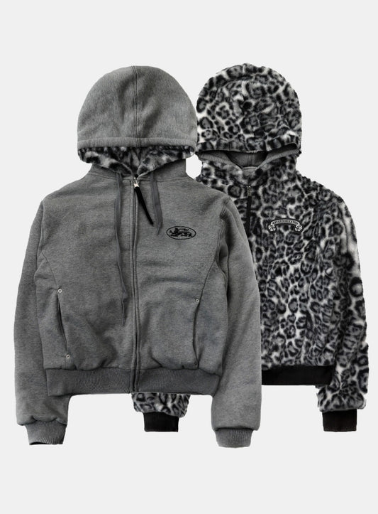 Mystic11 Reversible Fur Hooded Jacket - Grey/White Leopard