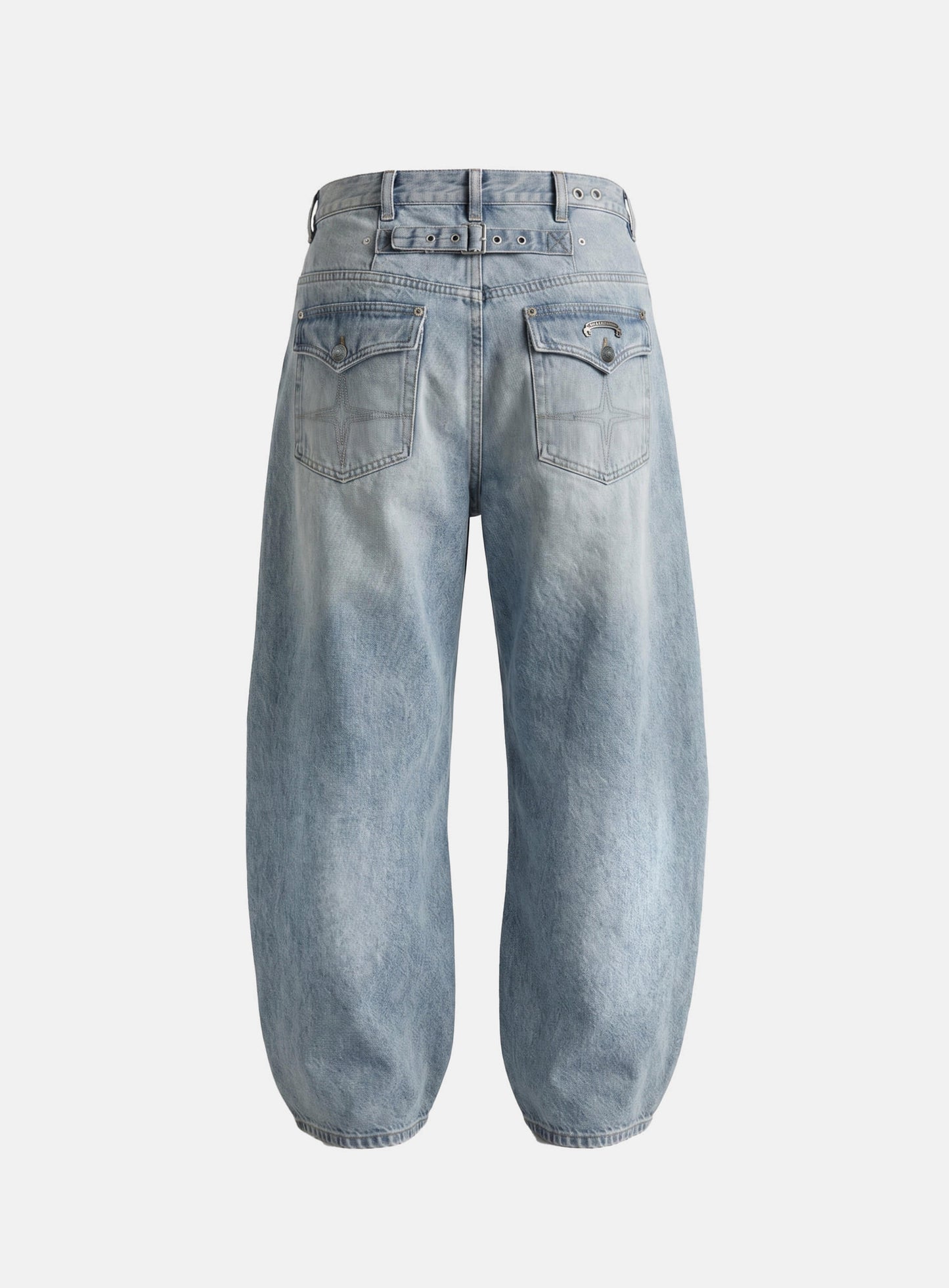 [w-pts26-097] 0521 Cinch-Back Semi Curved Pants - Light Blue Denim