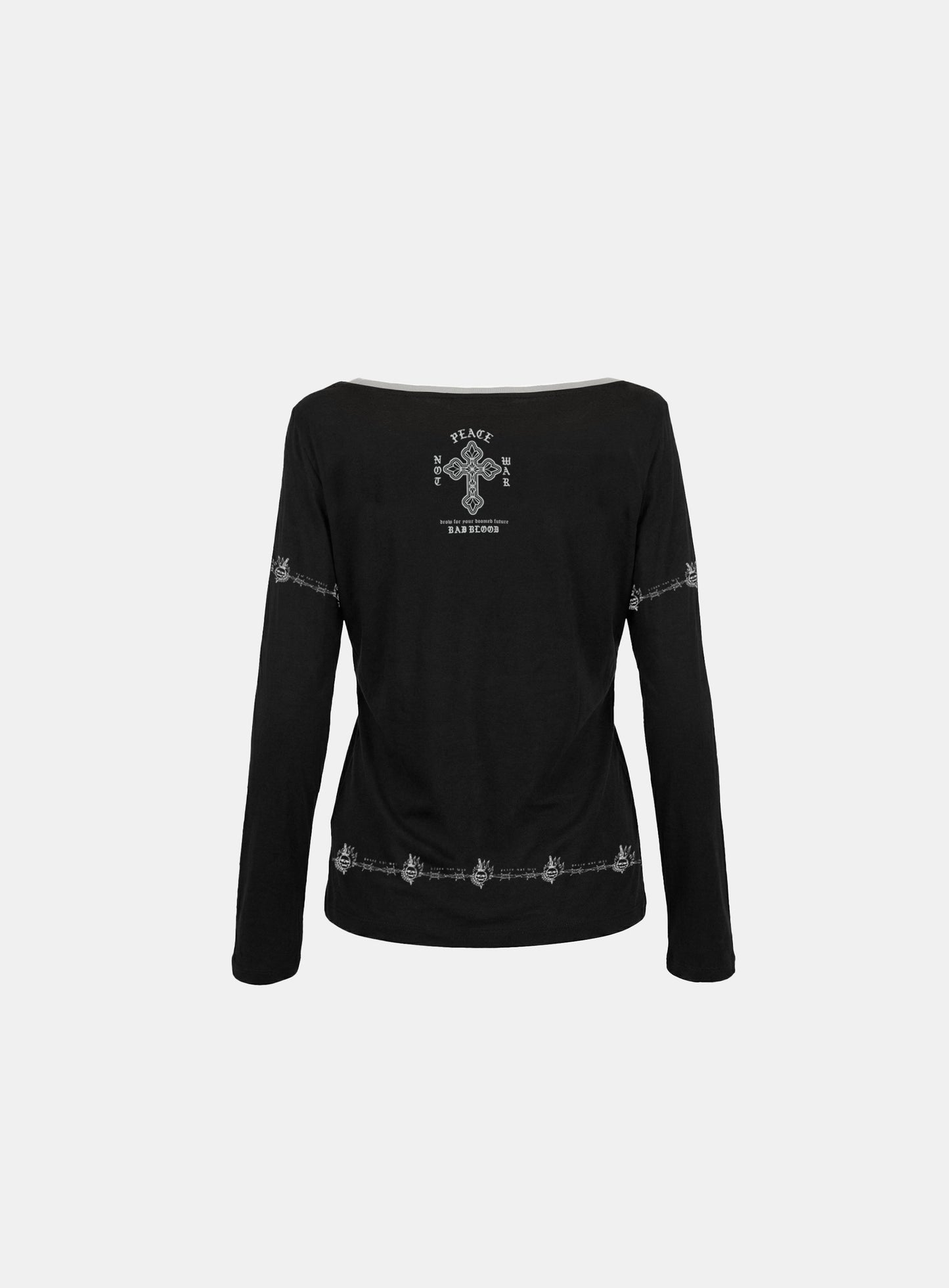 [w-tee26-152] Peace Not War Print Loose-Fit Long Sleeve - Black