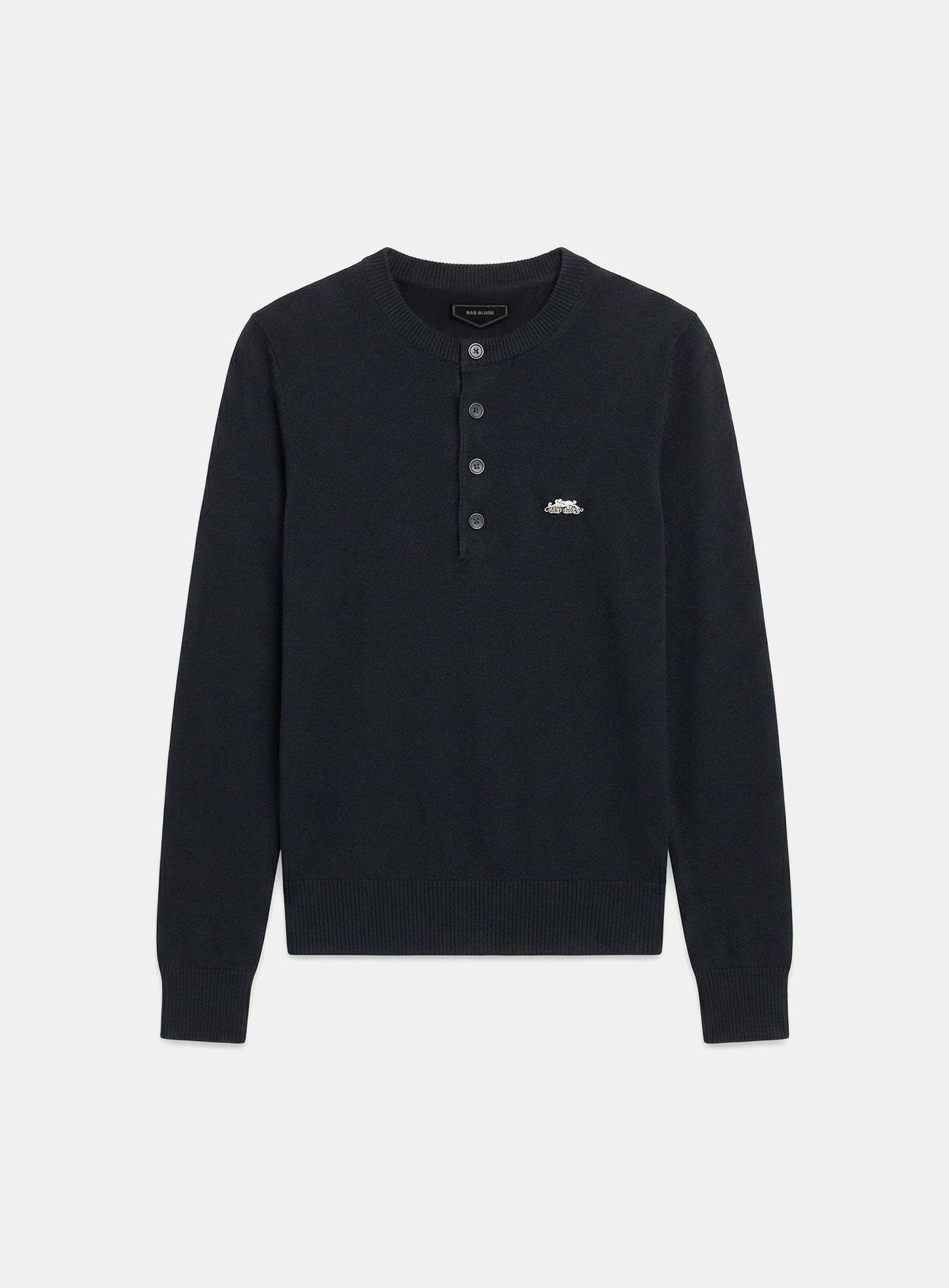 [w-knt26-025] Fine Merino Wool Knit Henley Neck - Black