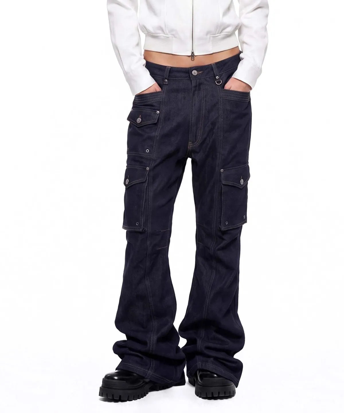 [w-pts26-121] Delta Low Crotch Bootcut Cargo Pants - Blue Denim