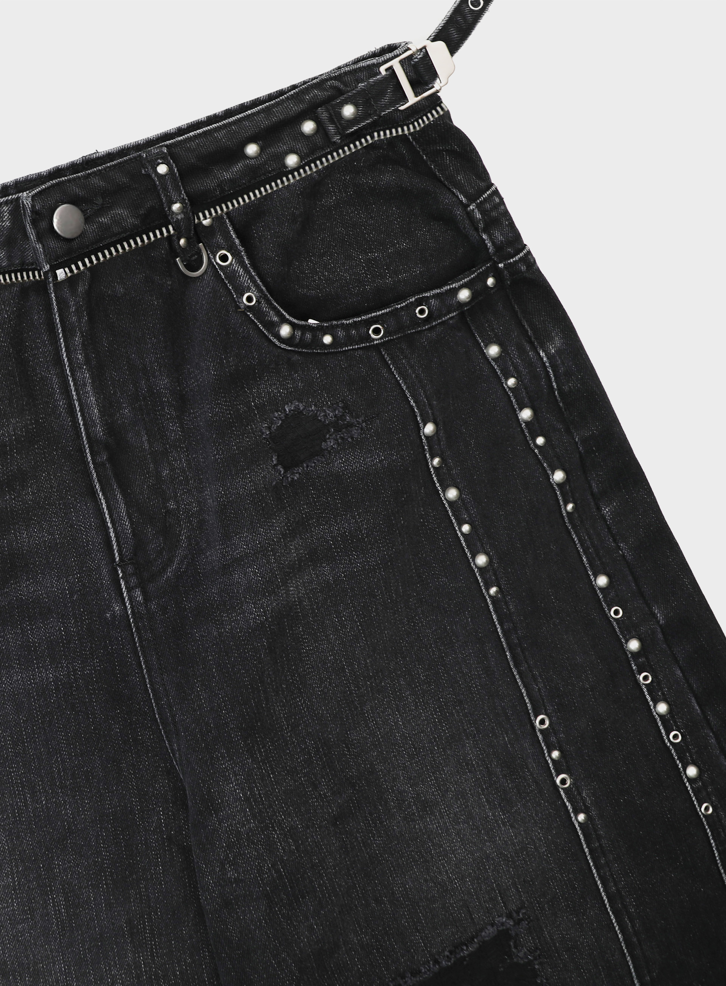 [w-pts25-080] Line Studded Curved Denim Pants - Black