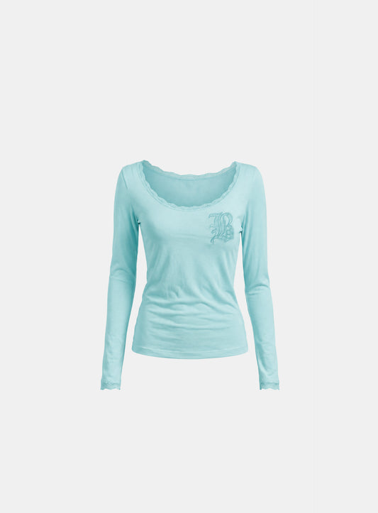 [w-tee26-192] Lace Layered Loose Fit Long Sleeve - Mint
