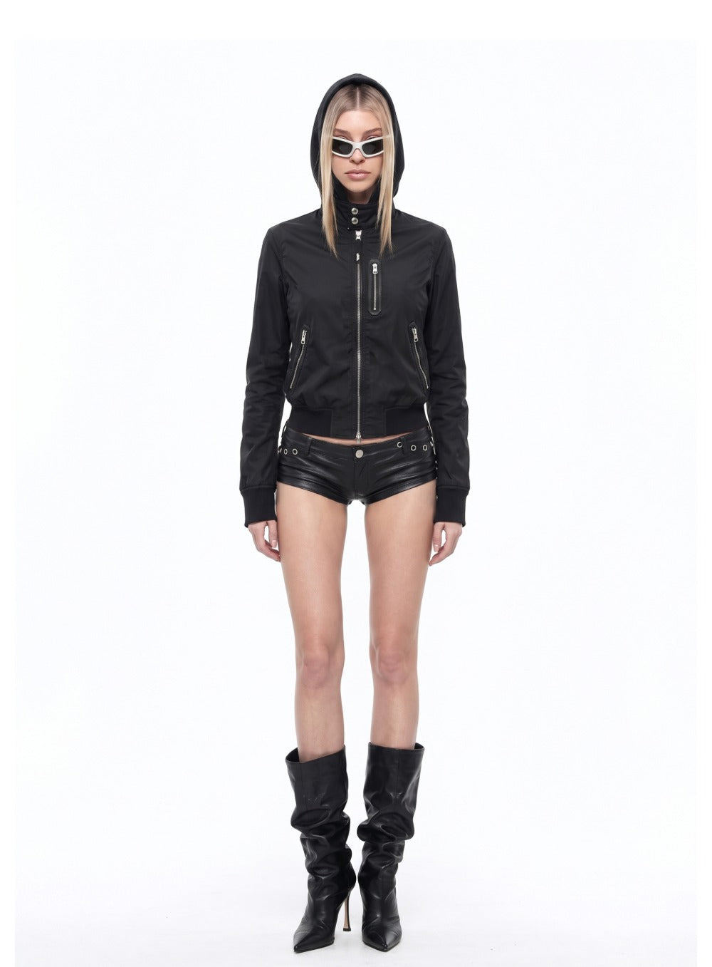 [w-jkt26-037] Contour Technical Leather Panel High-Neck Jacket - Black