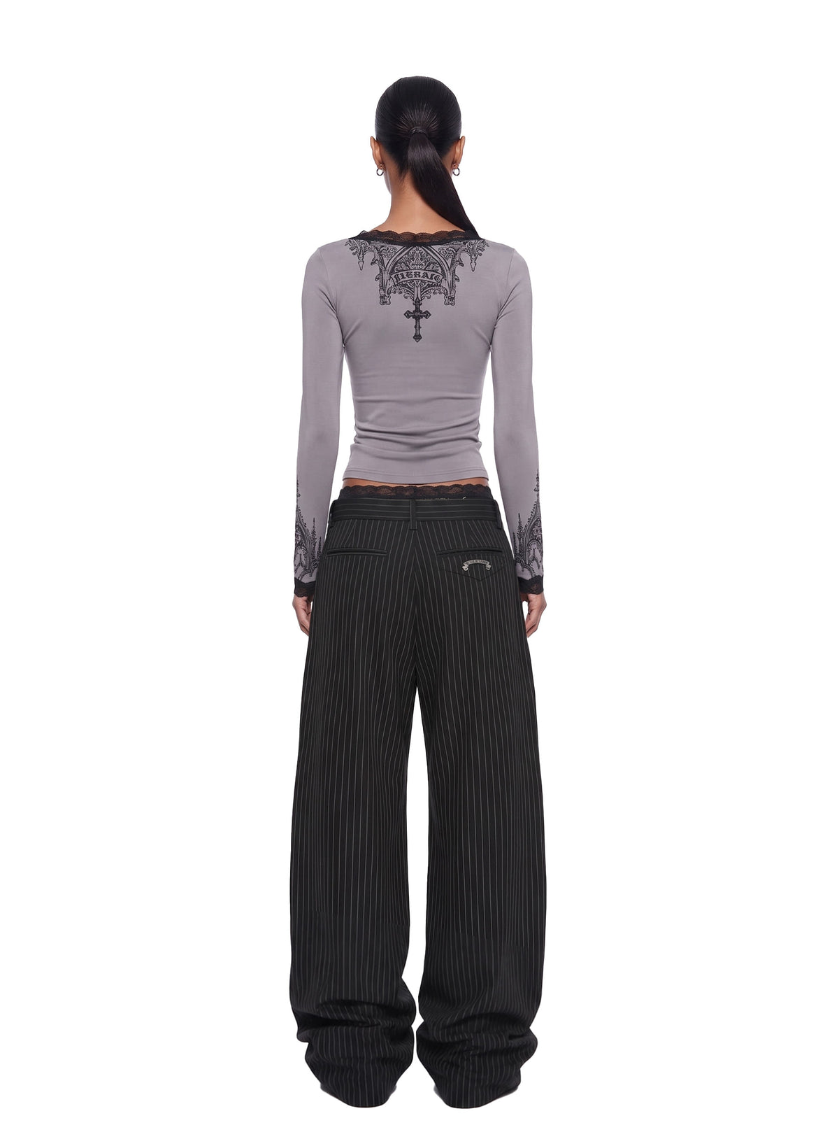 [w-tee26-289] H.B.B. Lace Henley Neck Long Sleeve - Charcoal
