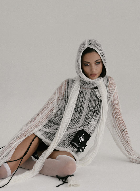 Ripped knit hooded sweater - Ivory