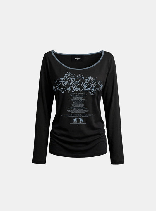 [w-tee26-129] Script Graphic Ringer Loose-Fit T-Shirt - Black