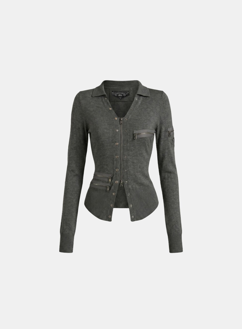 [w-knt26-045] Viper V Collar Zip Up Cardigan - Charcoal