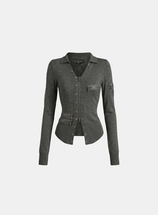 [w-knt26-045] Viper V Collar Zip Up Cardigan - Charcoal