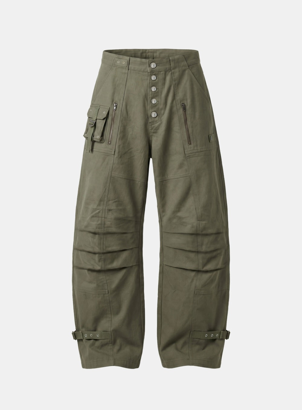 [w-pts26-111] Eco Button Fly Curved Cargo Pants - Military Green