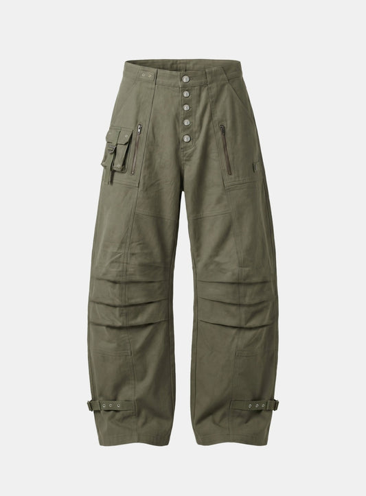 [w-pts26-111] Eco Button Fly Curved Cargo Pants - Military Green