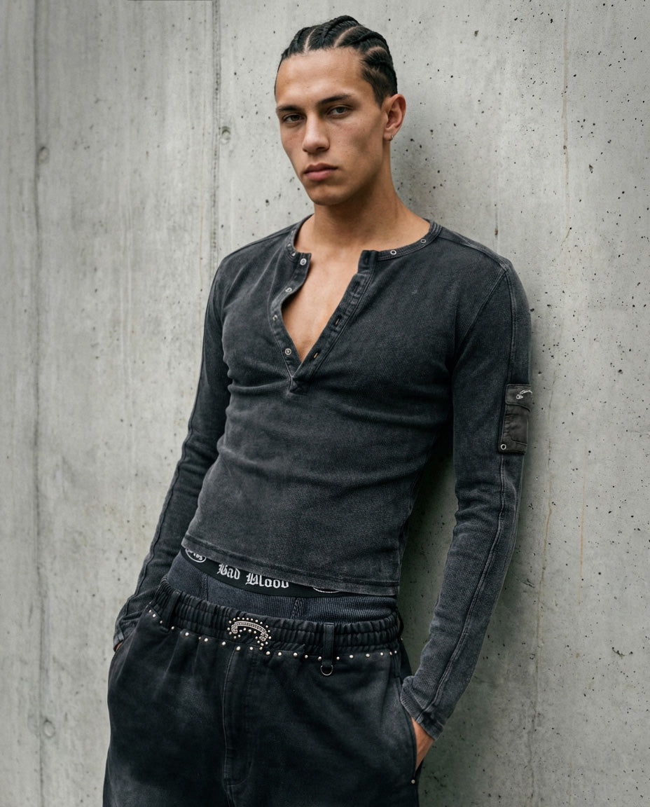 [w-tee26-009] Viper Cotton Rib Henley Neck Long Sleeve - Black