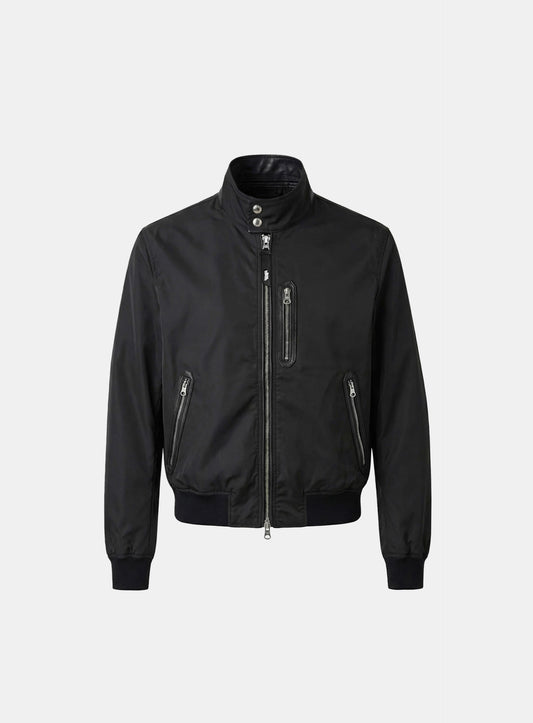 [w-jkt26-037] Contour Technical Leather Panel High-Neck Jacket - Black