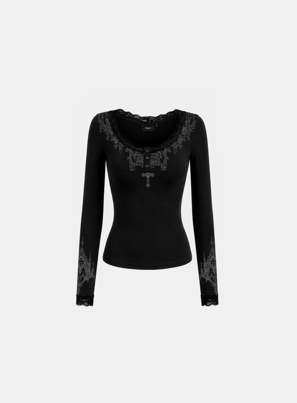 [w-tee26-290] H.B.B. Lace Henley Neck Long Sleeve - Black