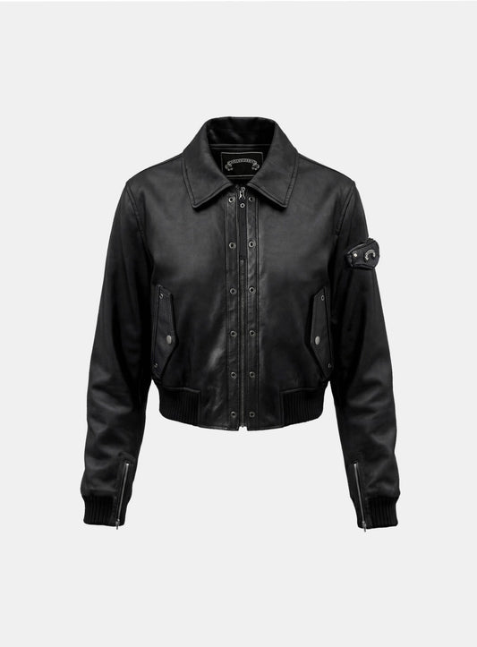 [w-jkt25-068] Monza Eyelet Bomber Jacket - Black Leather