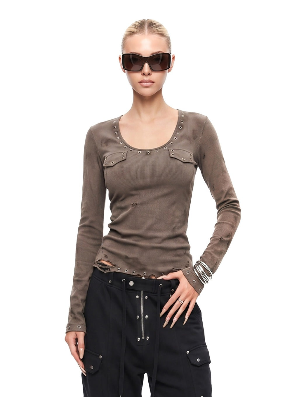 [w-tee26-267] Raven Distressed Eyelet Deep Round Long Sleeve - Brown