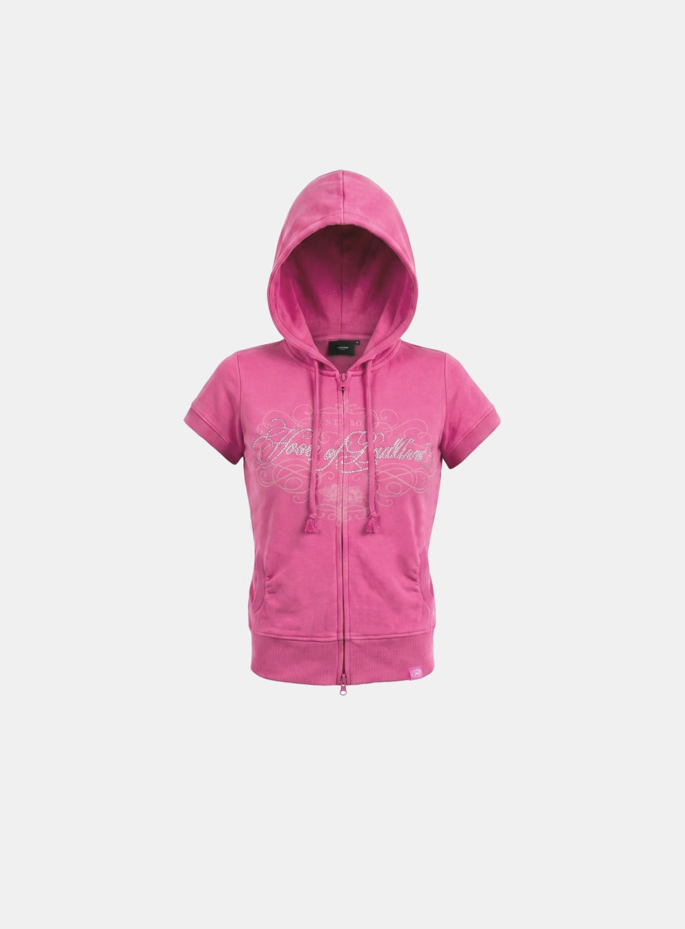 [w-hde26-050] H.B.B. Rhinestone 1/2 Sleeve Hooded Zip-Up - Pink
