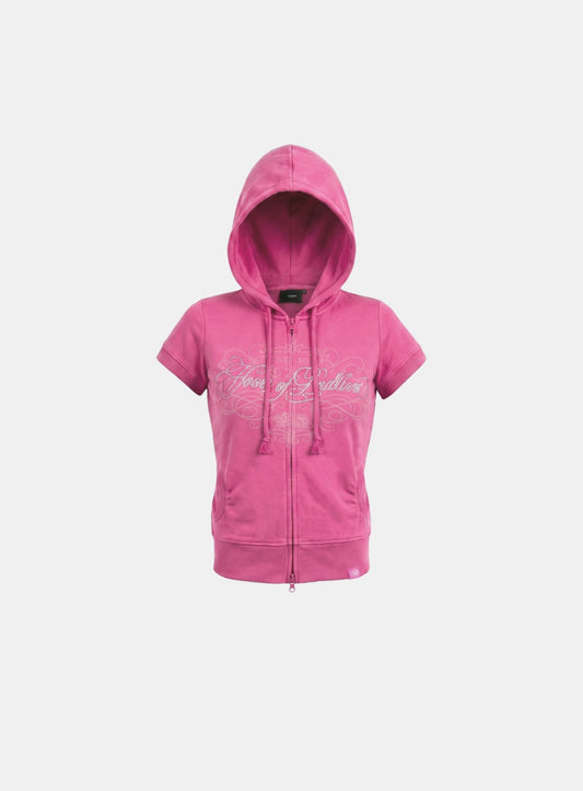 [w-hde26-050] H.B.B. Rhinestone 1/2 Sleeve Hooded Zip-Up - Pink