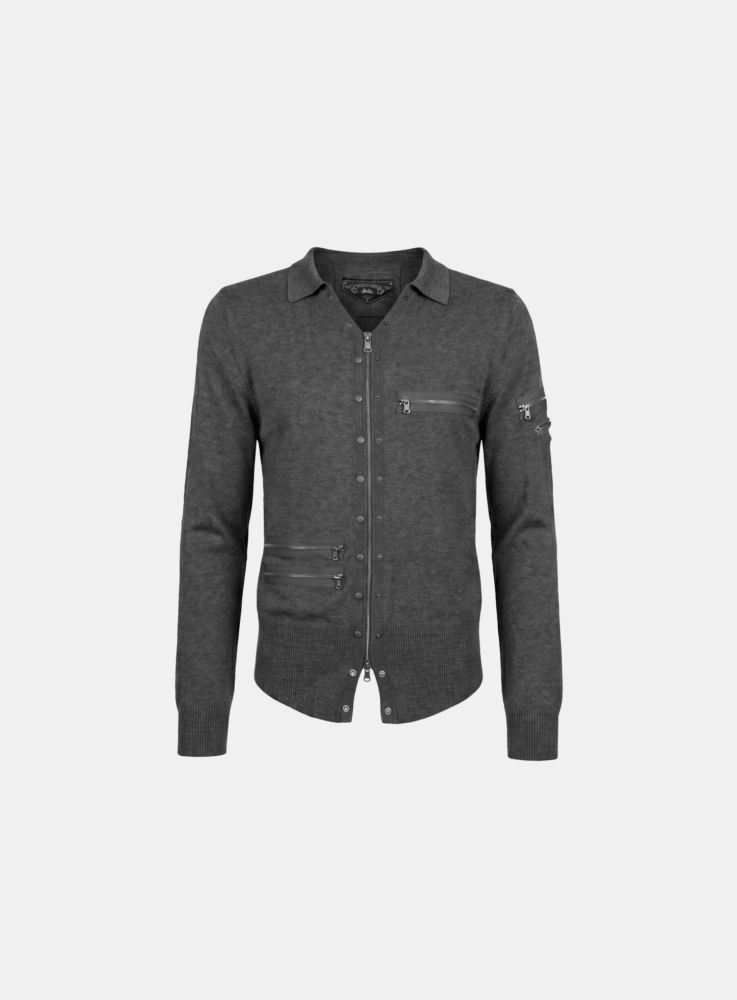 [w-knt26-045] Viper V Collar Zip Up Cardigan - Charcoal