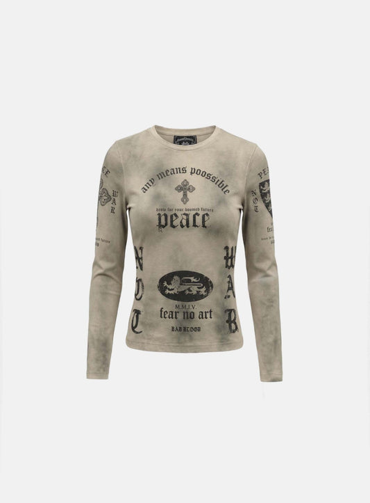 [w-tee26-071] Peace Not War Slim Long Sleeve T-Shirt - Dusty Beige