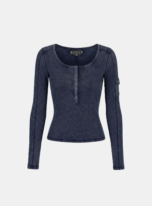 [w-tee26-008] Viper Cotton Rib Henley Neck Long Sleeve - Blue