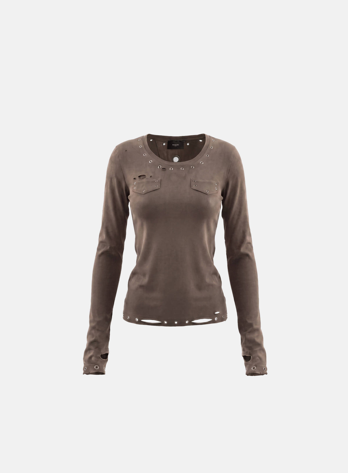 [w-tee26-267] Raven Distressed Eyelet Deep Round Long Sleeve - Brown