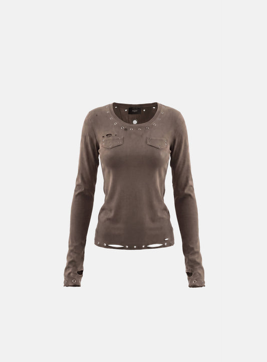 [w-tee26-267] Raven Distressed Eyelet Deep Round Long Sleeve - Brown