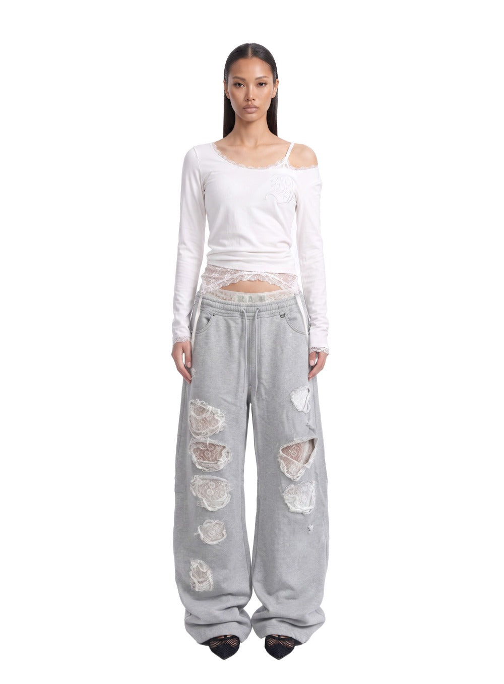 [w-tee26-178] Lace Layered Loose-Fit Long Sleeve T-Shirt - White