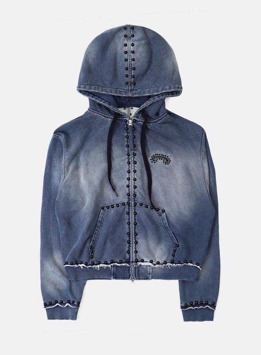 [w-hde25-083] Mystic Studded Washed Hooded Zip-Up - Blue