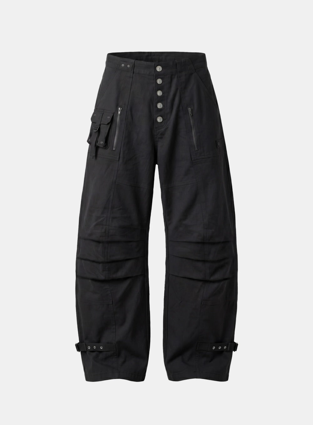 [w-pts26-112] Eco Button Fly Curved Cargo Pants - Black