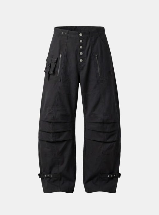 [w-pts26-112] Eco Button Fly Curved Cargo Pants - Black