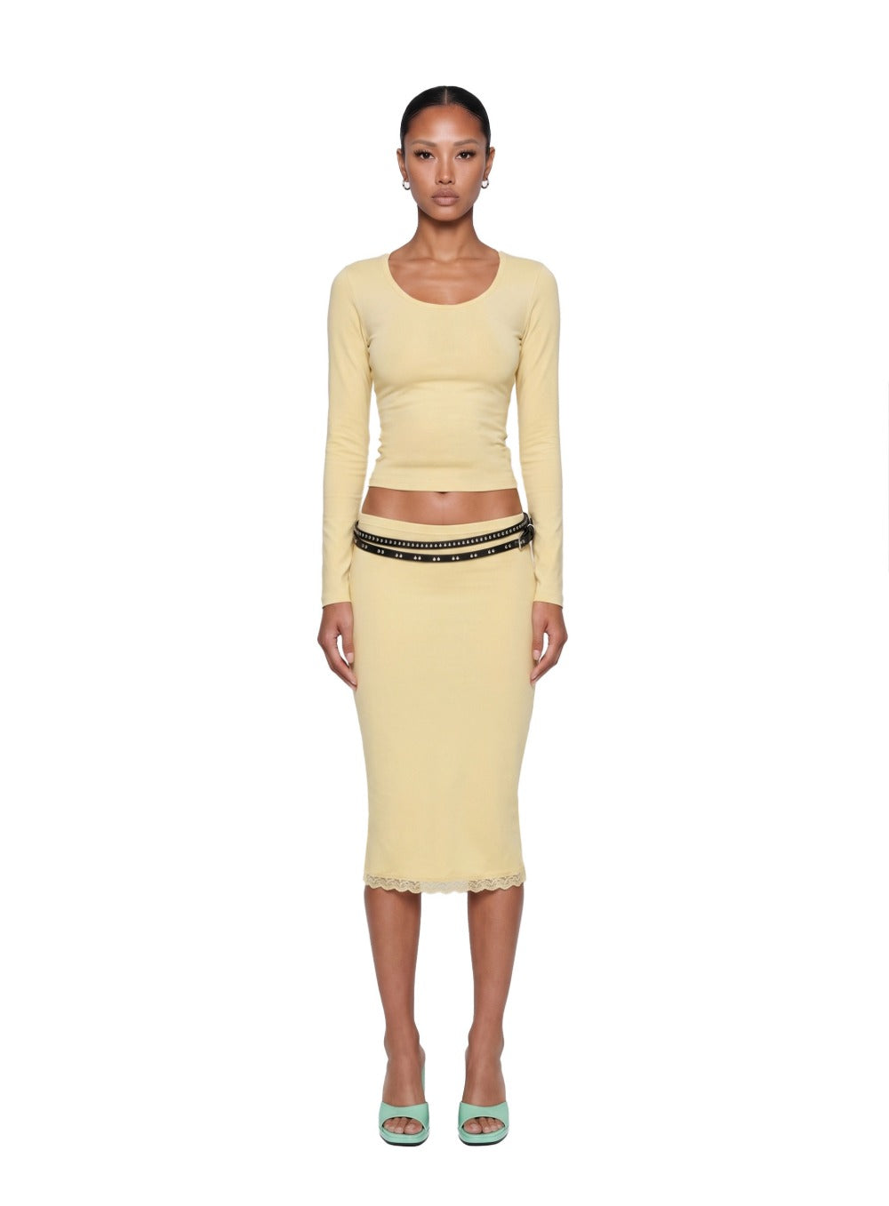 [w-tee26-197] Everyday Scoop Neck Long Sleeve T-Shirt - Yellow