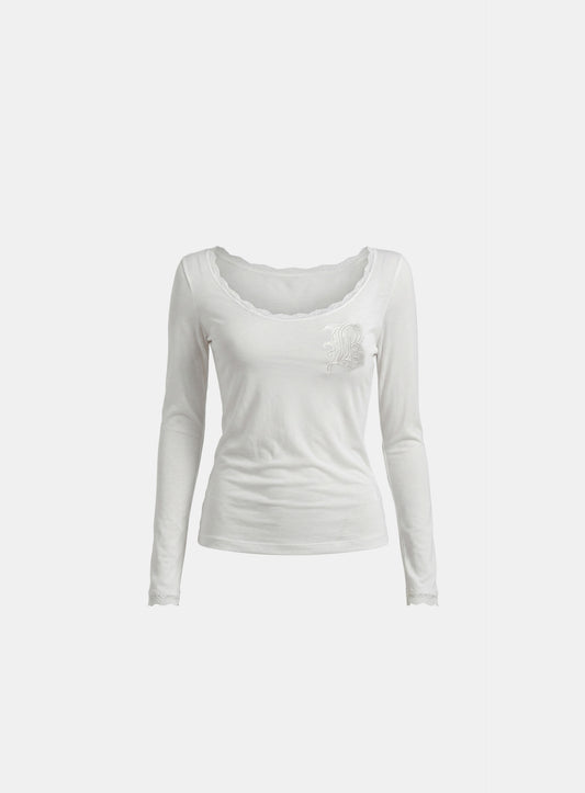 [w-tee26-178] Lace Layered Loose-Fit Long Sleeve T-Shirt - White