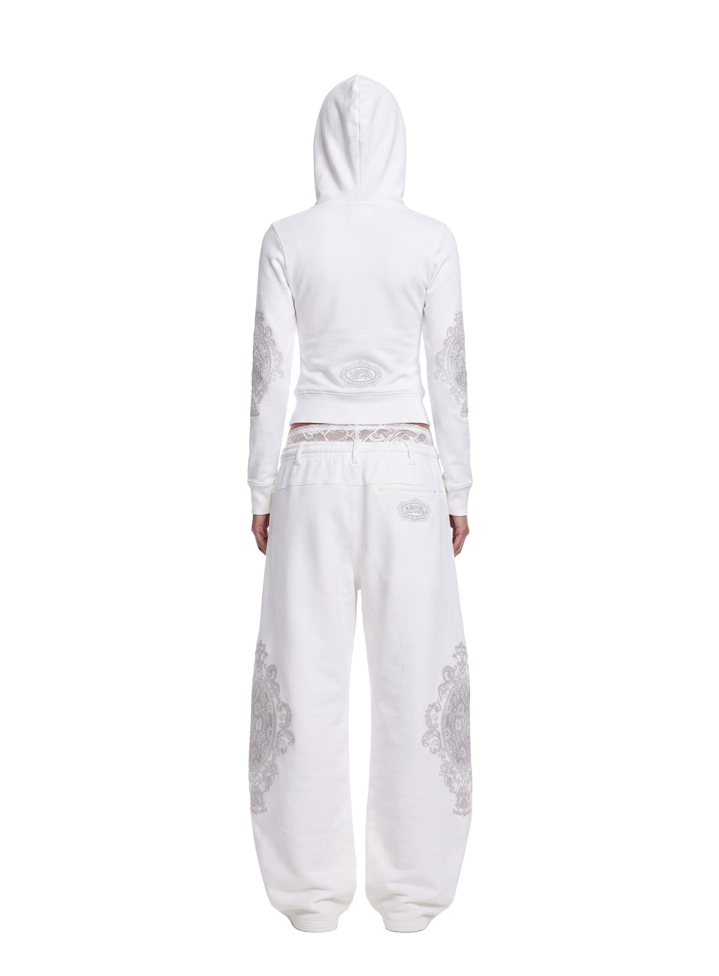 [w-pts26-128] HBB Royal Lace Rhinestone Lightweight Jogger Pants - White